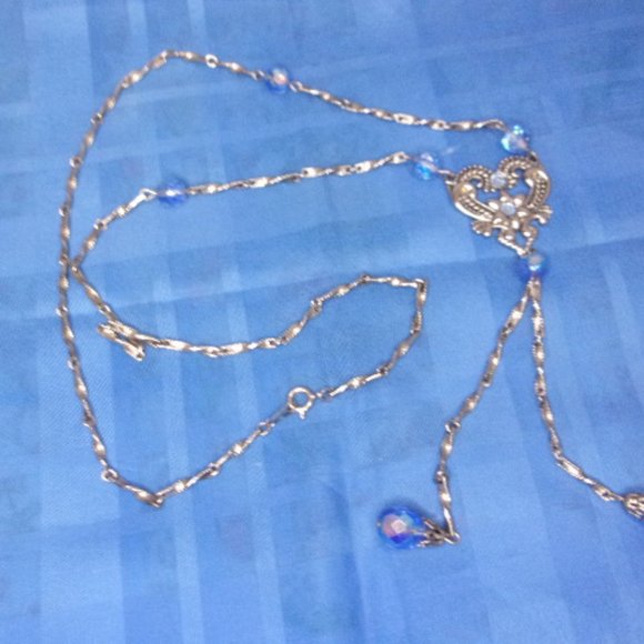 Blue Bead Silver Bar Link Lariat Style Necklace 26" Long - Picture 6 of 11